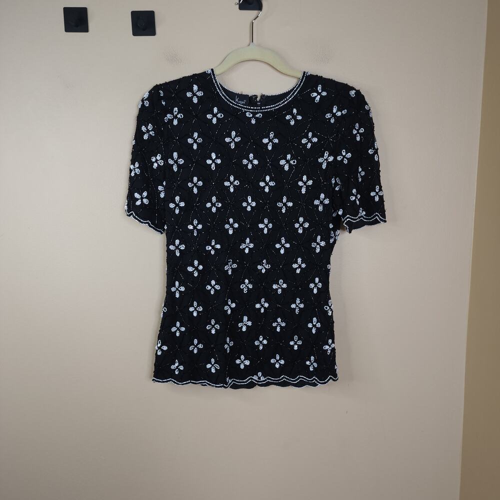 Vintage Laurence Kazar Short Sleeve Beaded Silk Blouse in Black Size S